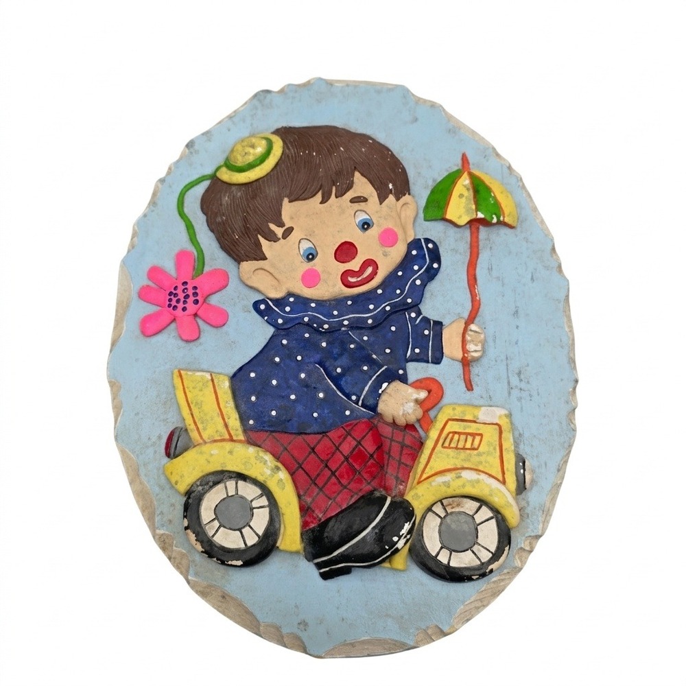 Vintage‎ Chalkware Clown Wall Plaque Boy on Scooter Umbrella Flower 3D Art 11"